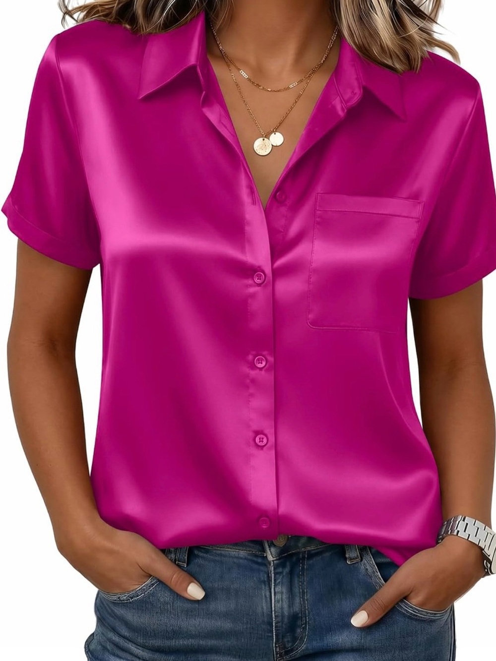 Amazon Fuchsia Satin Short-Sleeve Button-Up Blouse